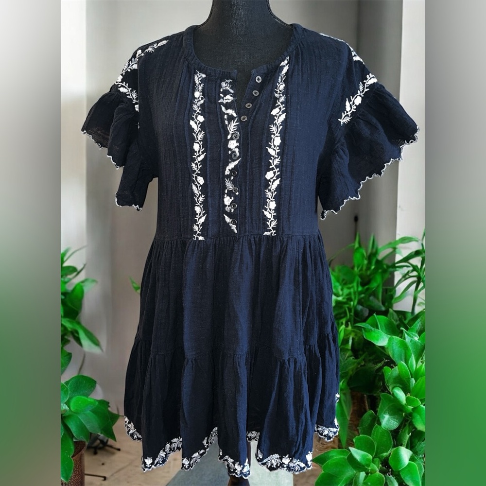 Free People Santiago Embroidered Mini Dress black cotton gauze white floral S - Picture 2 of 7